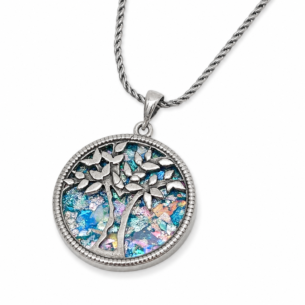 Tree of Life Necklace with Roman Glass in Sterling Silver