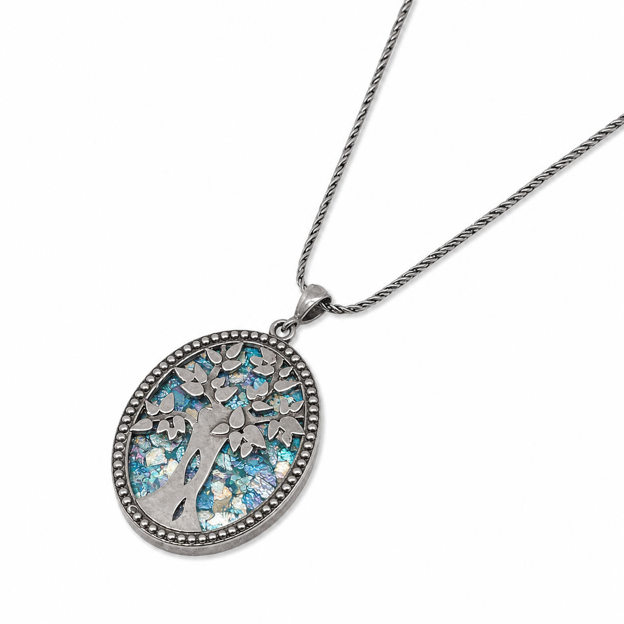 Tree of Life Necklace with Roman Glass in Sterling Silver Oval
