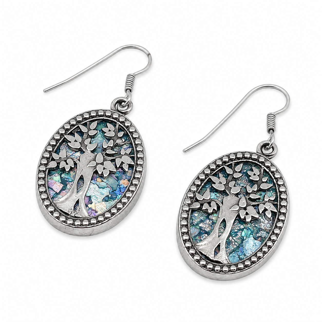 Oval Tree of Life Earrings with Roman Glass in Sterling Silver