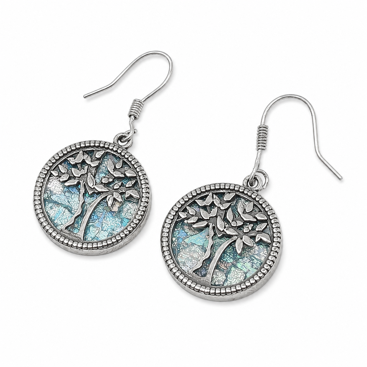 Tree of Life Earrings with Roman Glass in Sterling Silver