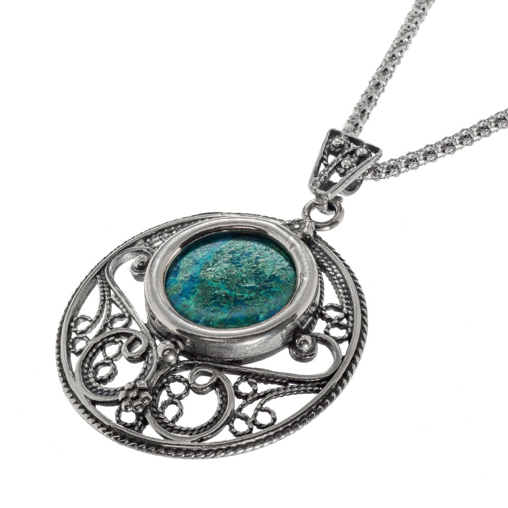 Eilat stone jewellery - Round Yemenite Style Eilat Stone Silver Necklace
