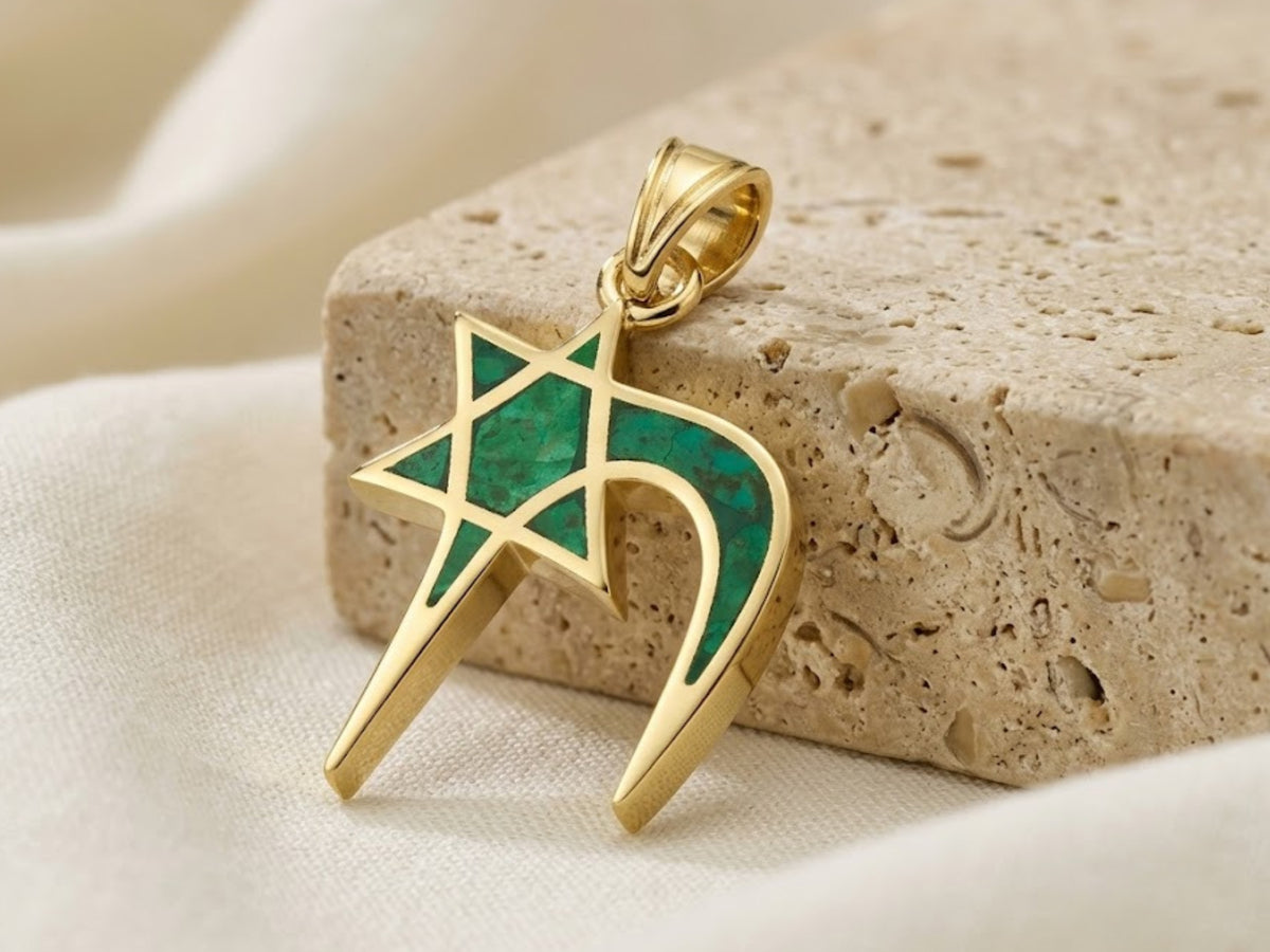 Star of David Pendant - 14K Gold Chai and with Eilat Stone