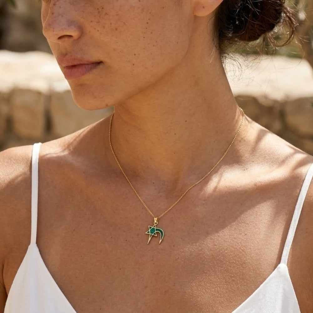 Star of David Pendant - 14K Gold Chai and with Eilat Stone