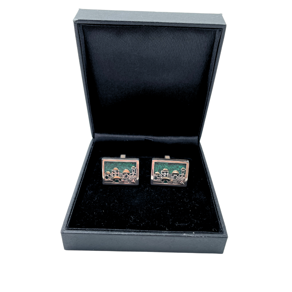 Jerusalem Skyline Cufflinks in Sterling Silver & Gold with Eilat Stone