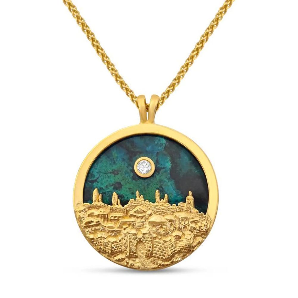 14K Gold Jerusalem Skyline Pendant with Eilat Stone & Diamond