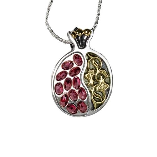 Ornamental Silver and Gold Pomegranate Garnet Necklace