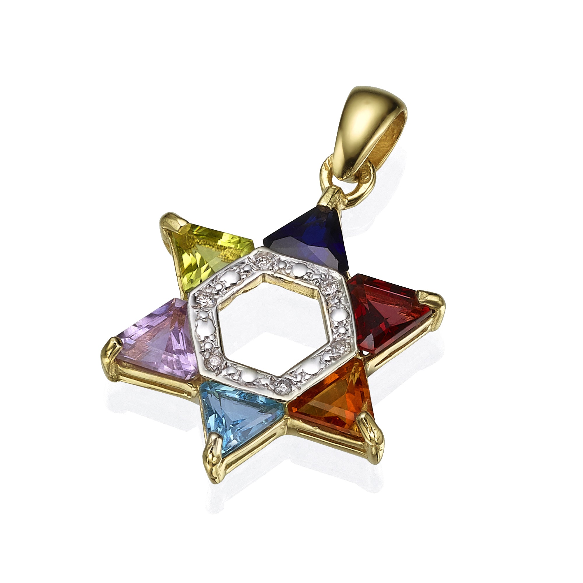 14k Gold and Diamond Multicolored Star of David Pendant
