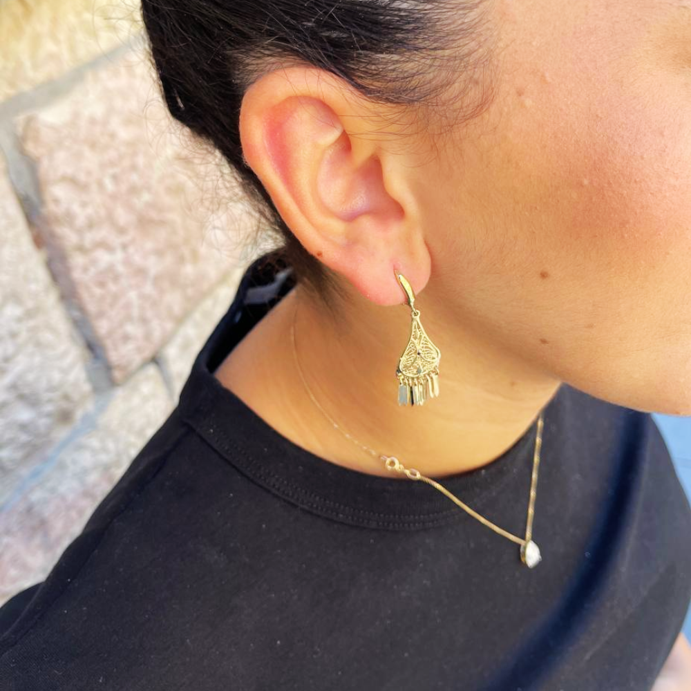 14K Gold Teardrop Fringe Filigree Earrings