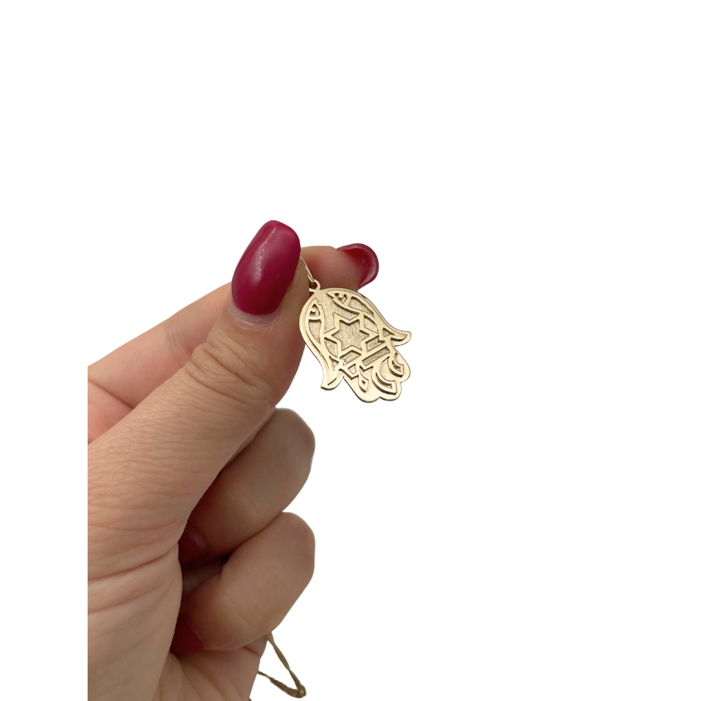 14k Gold Florentine Fish Chai Protection Hamsa Pendant