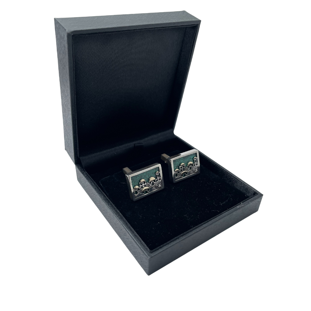 Jerusalem Skyline Cufflinks in Sterling Silver & Gold with Eilat Stone