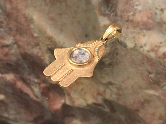 Embellished 14k Gold Roman Glass Hamsa Pendant
