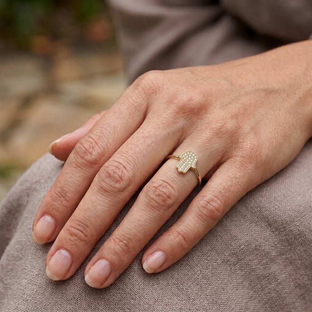 14k Gold Small Hamsa Ring Diamond Studded