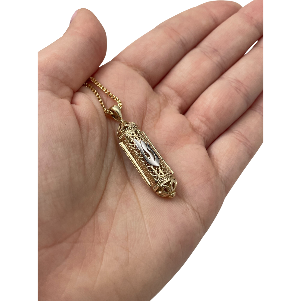Mezuzah Pendant in 14k Yellow Gold Filigree Cylinder
