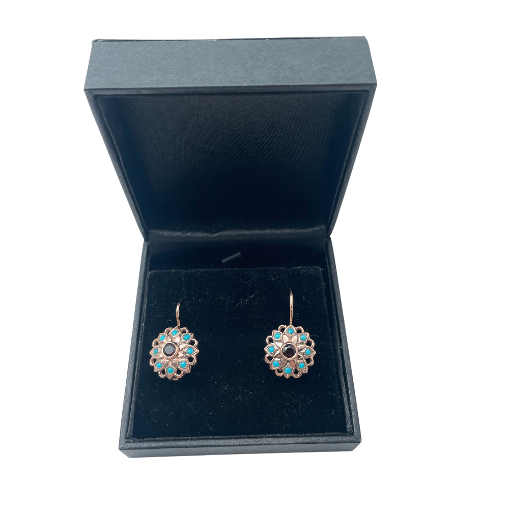 14K Rose Gold Vintage Style Flower Earrings with Garnet and Turquoise
