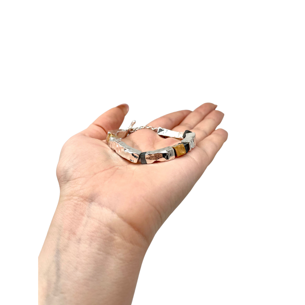 Hammered Silver and Gold Plated Block Israeli Bracelet