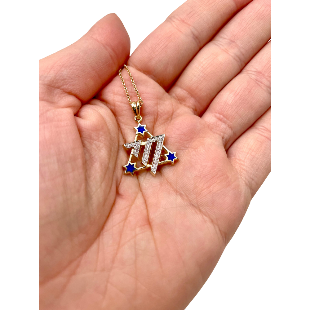 Star of David Chai Pendant - 14K Gold and Blue Enamel Diamond Studded