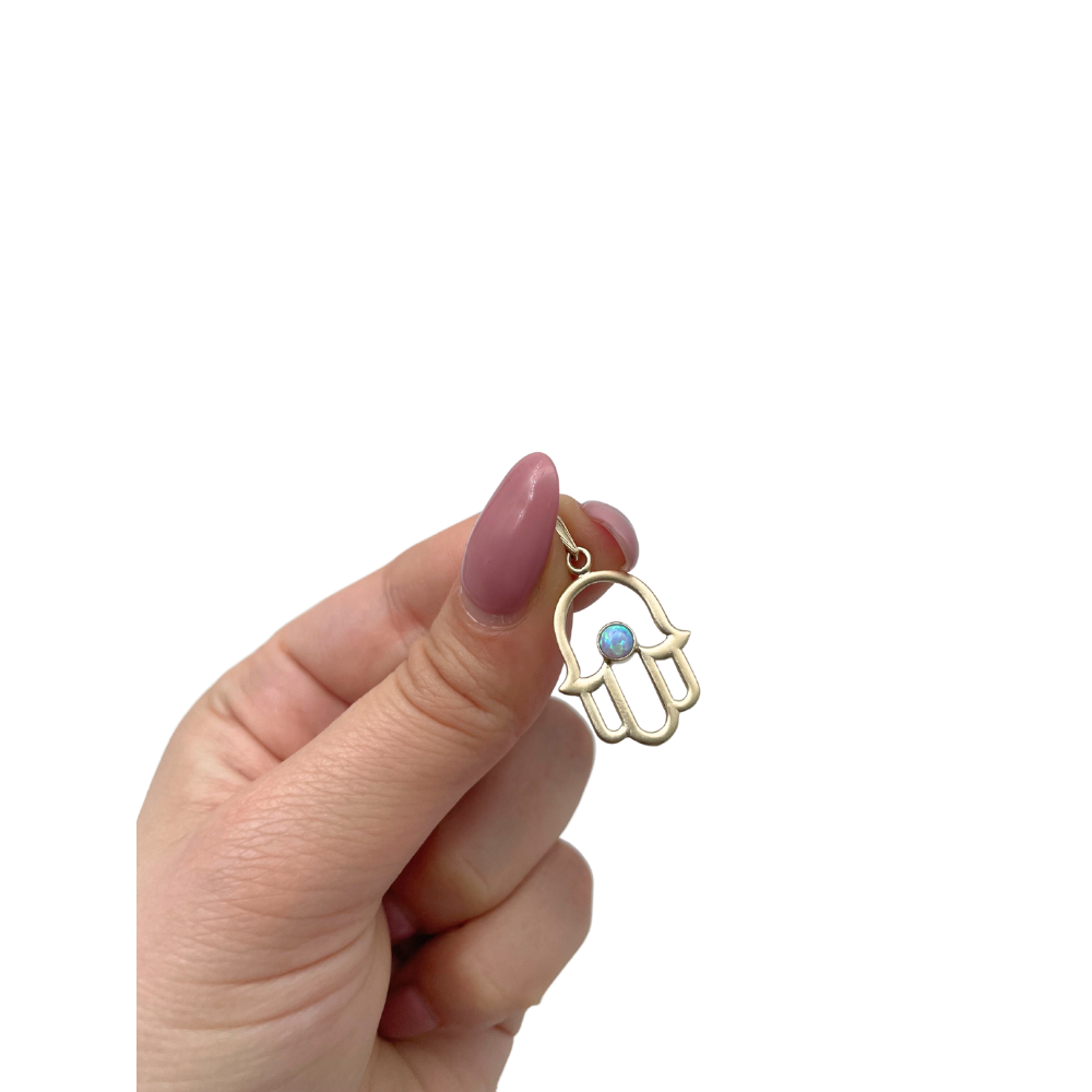 Hamsa Pendant with Light Blue Opal Stone in 14K Gold