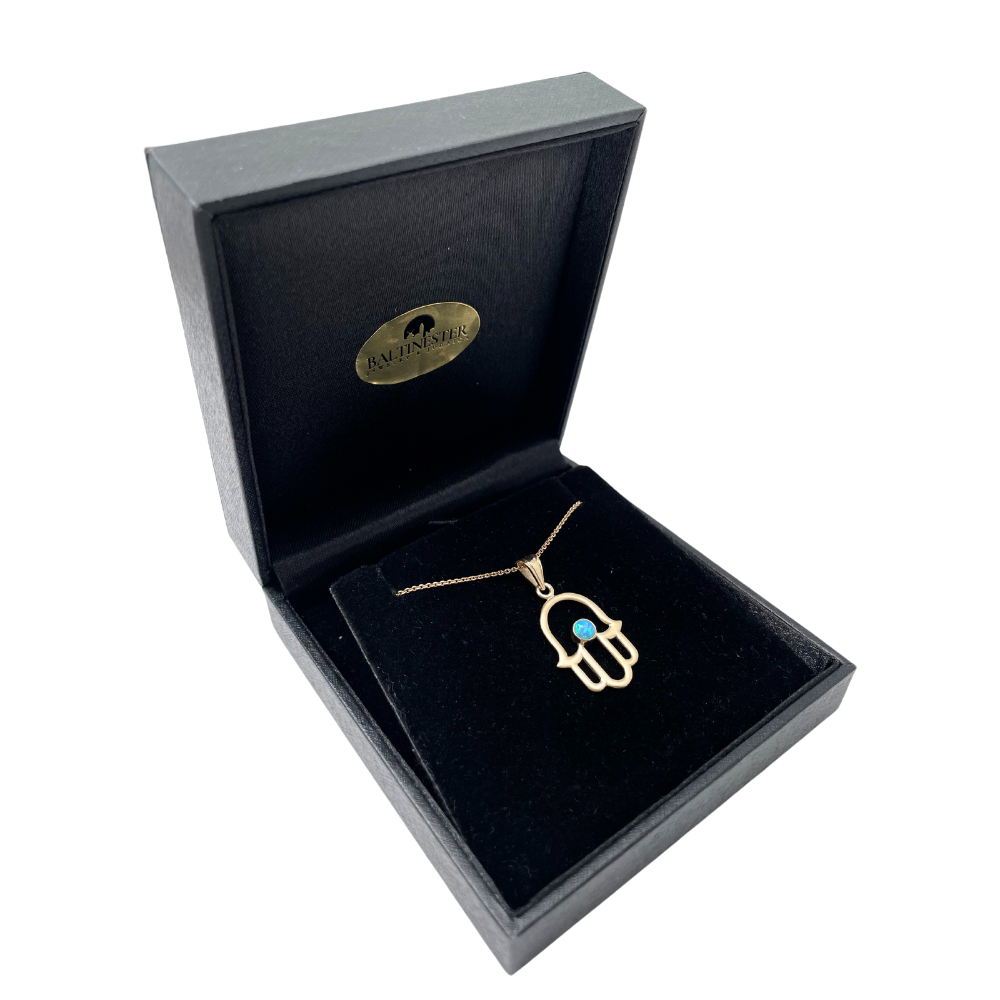 Hamsa Pendant with Light Blue Opal Stone in 14K Gold