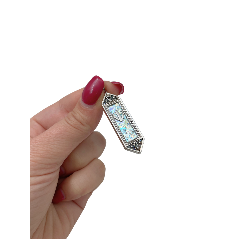 Sterling Silver Filigree Roman Glass Mezuza Pendant with Chain