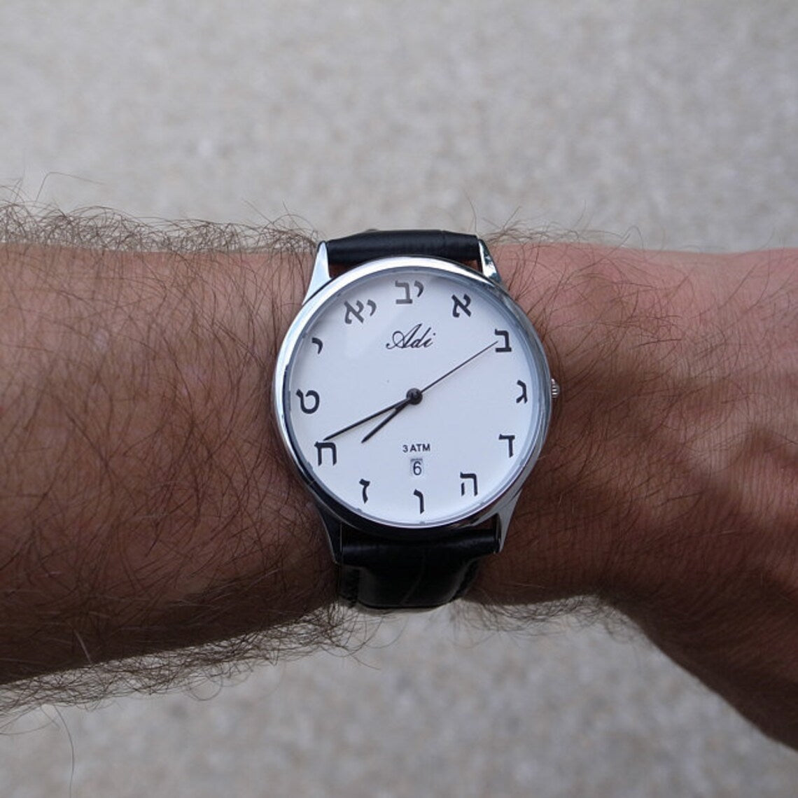 36 mm Aleph Bet Watch Black Strap Silver Dial Date
