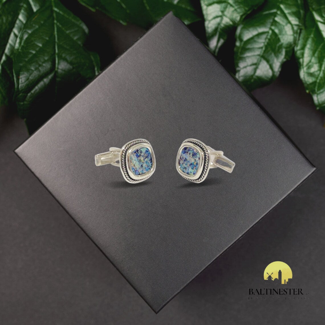 Roman Glass Braided Silver Square Cufflinks