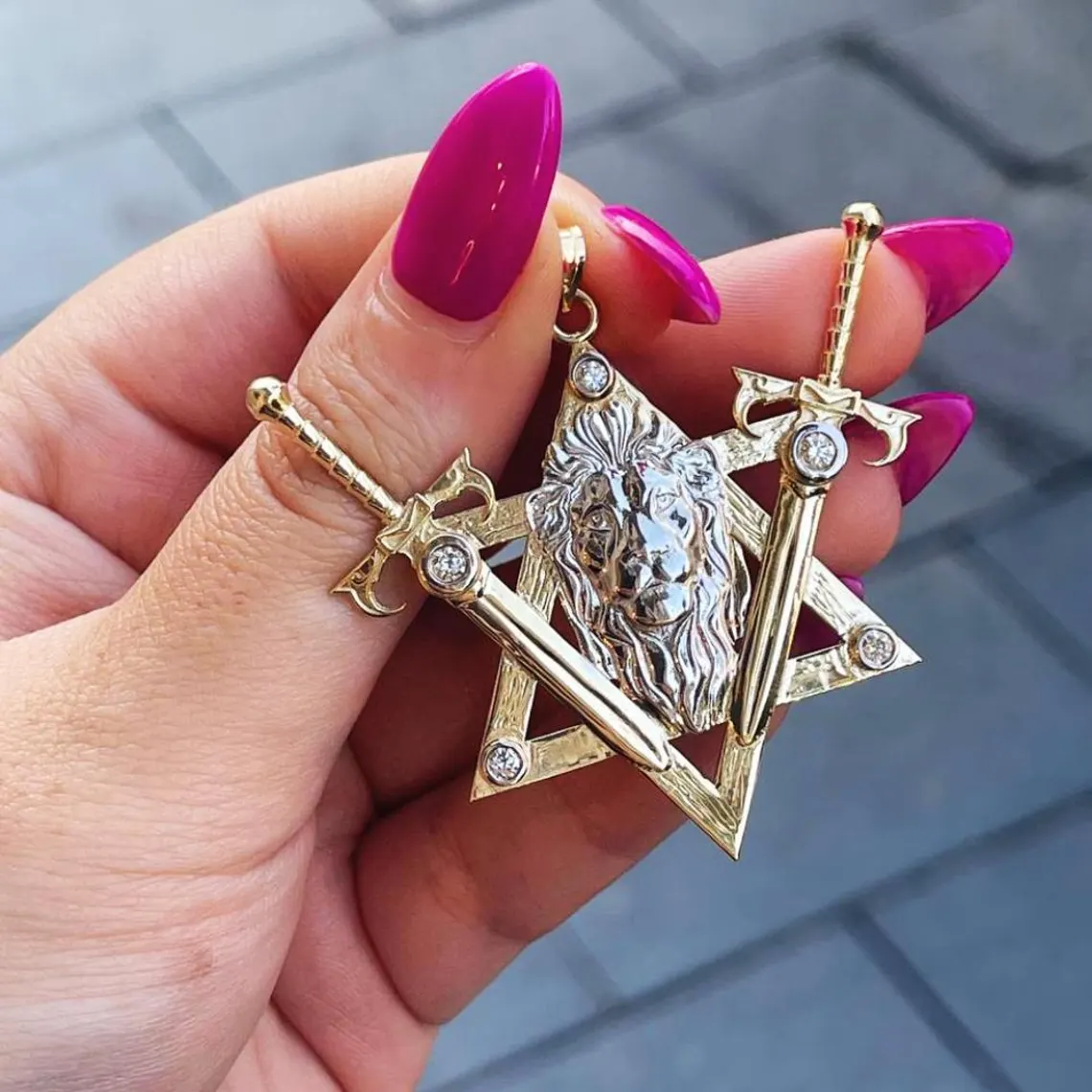 Two Swords Lion of Judah Pendant with Diamond in 14k Gold