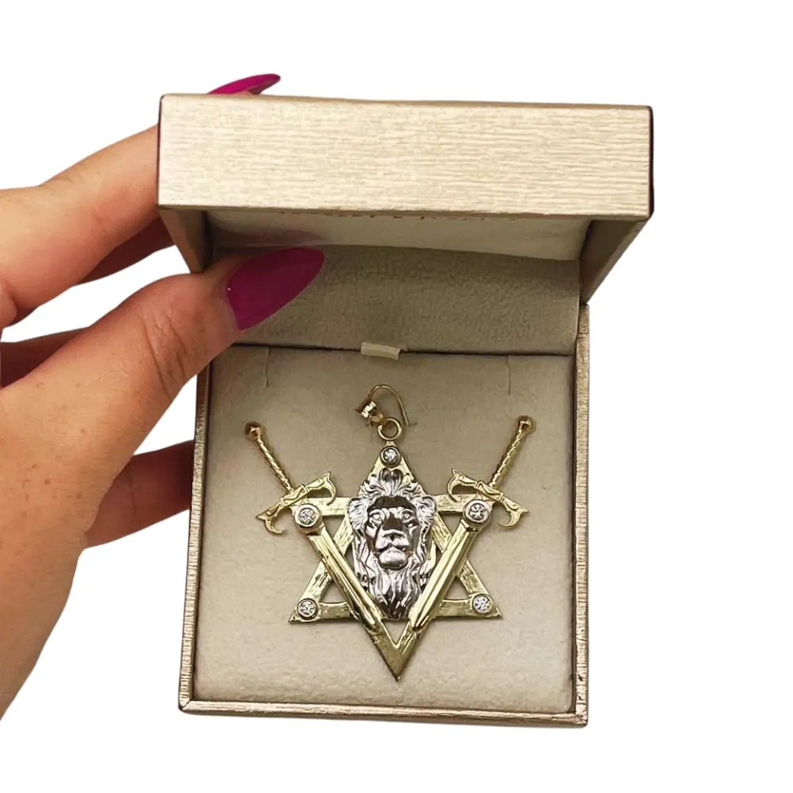 Two Swords Lion of Judah Pendant with Diamond in 14k Gold