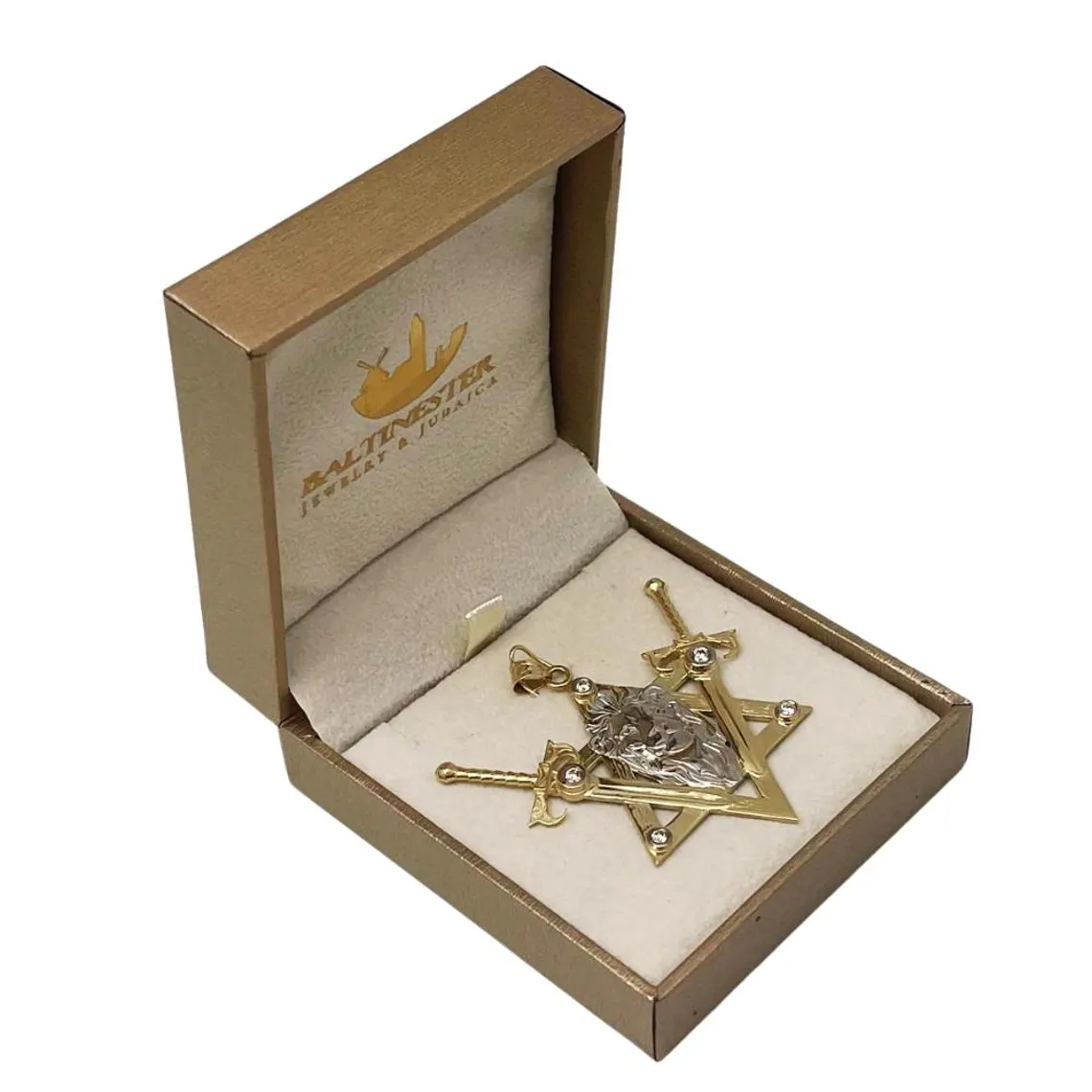Two Swords Lion of Judah Pendant with Diamond in 14k Gold