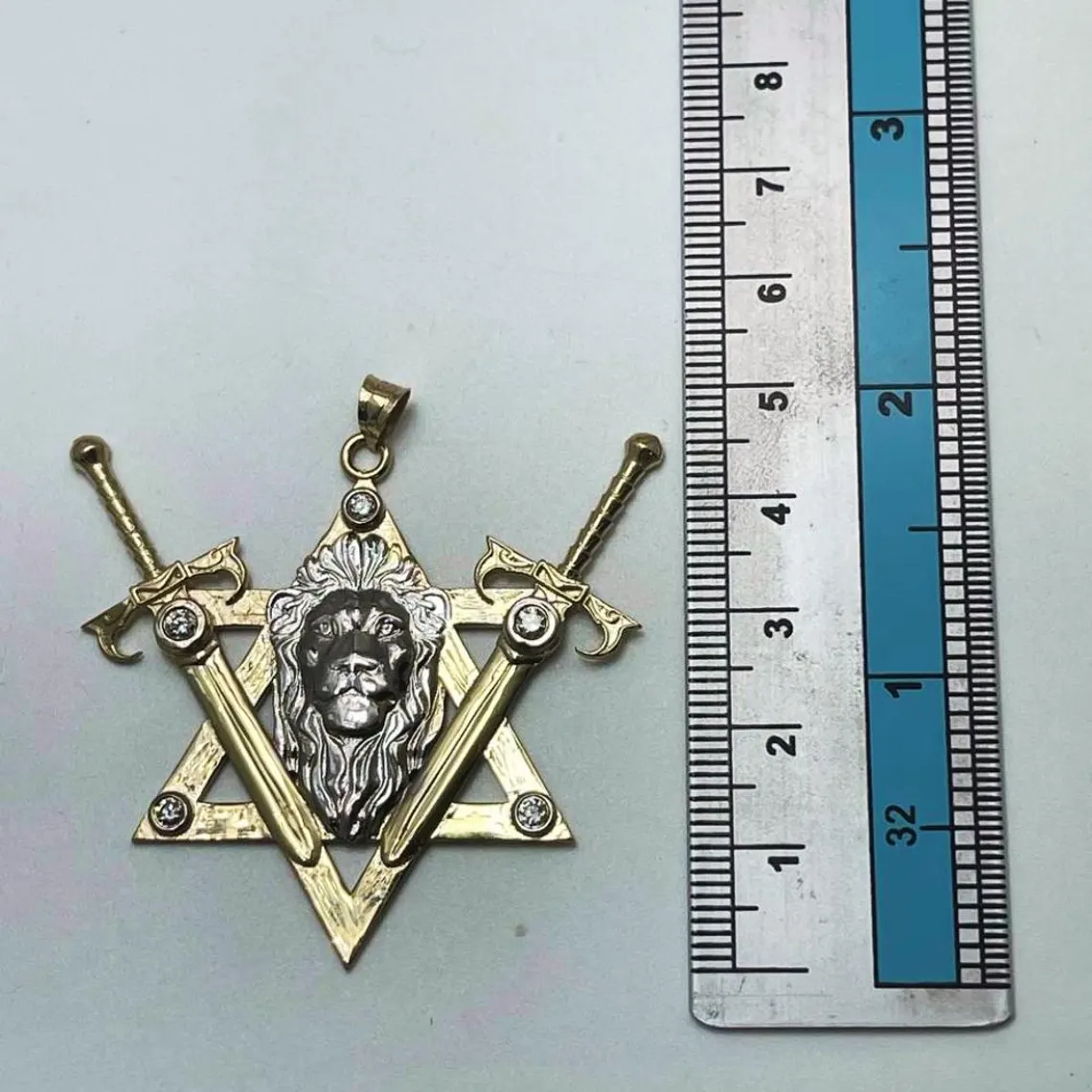 Two Swords Lion of Judah Pendant with Diamond in 14k Gold