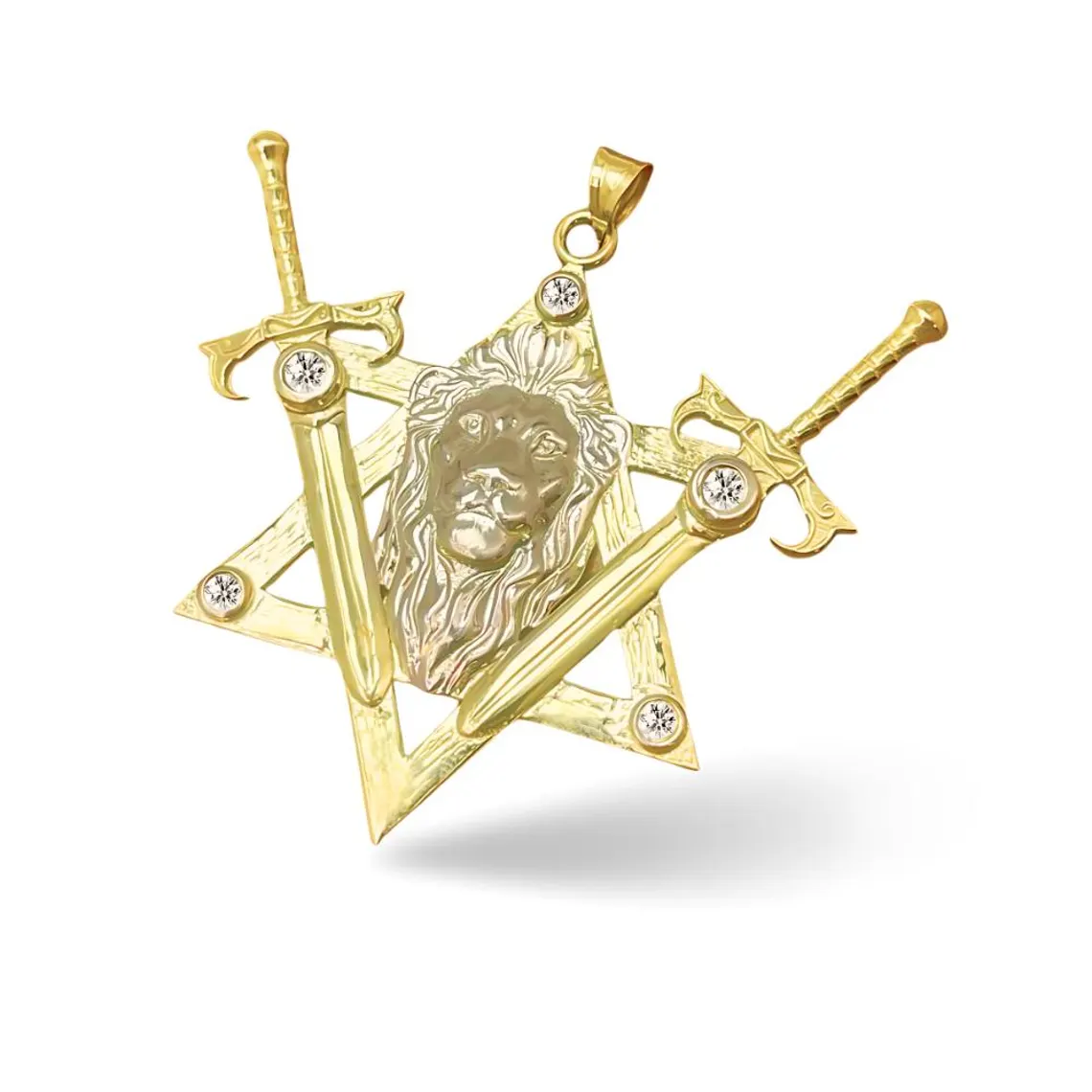 Two Swords Lion of Judah Pendant with Diamond in 14k Gold
