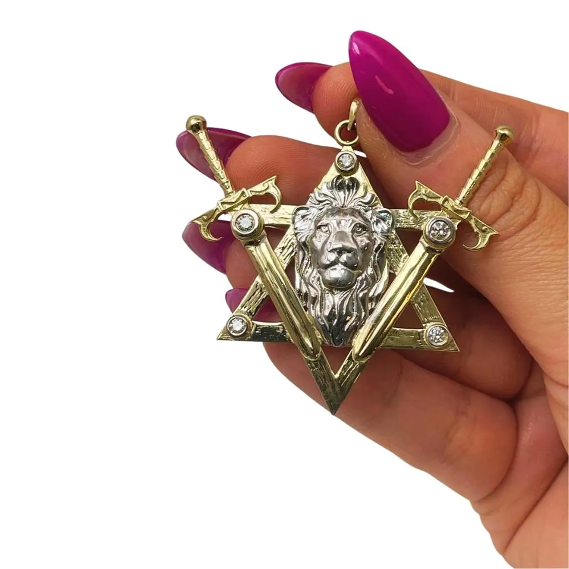 Two Swords Lion of Judah Pendant with Diamond in 14k Gold