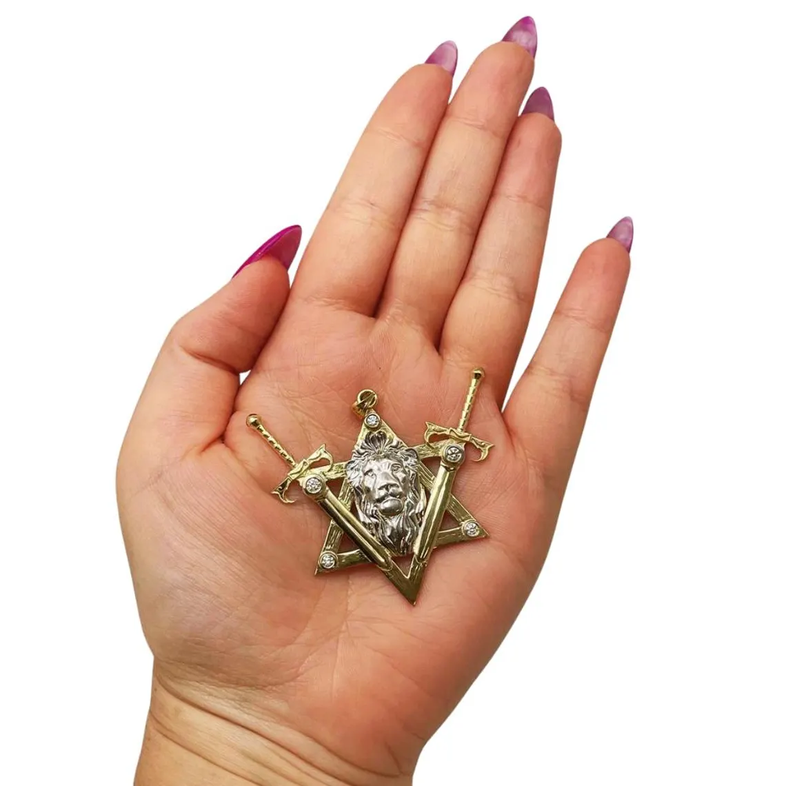 Two Swords Lion of Judah Pendant with Diamond in 14k Gold
