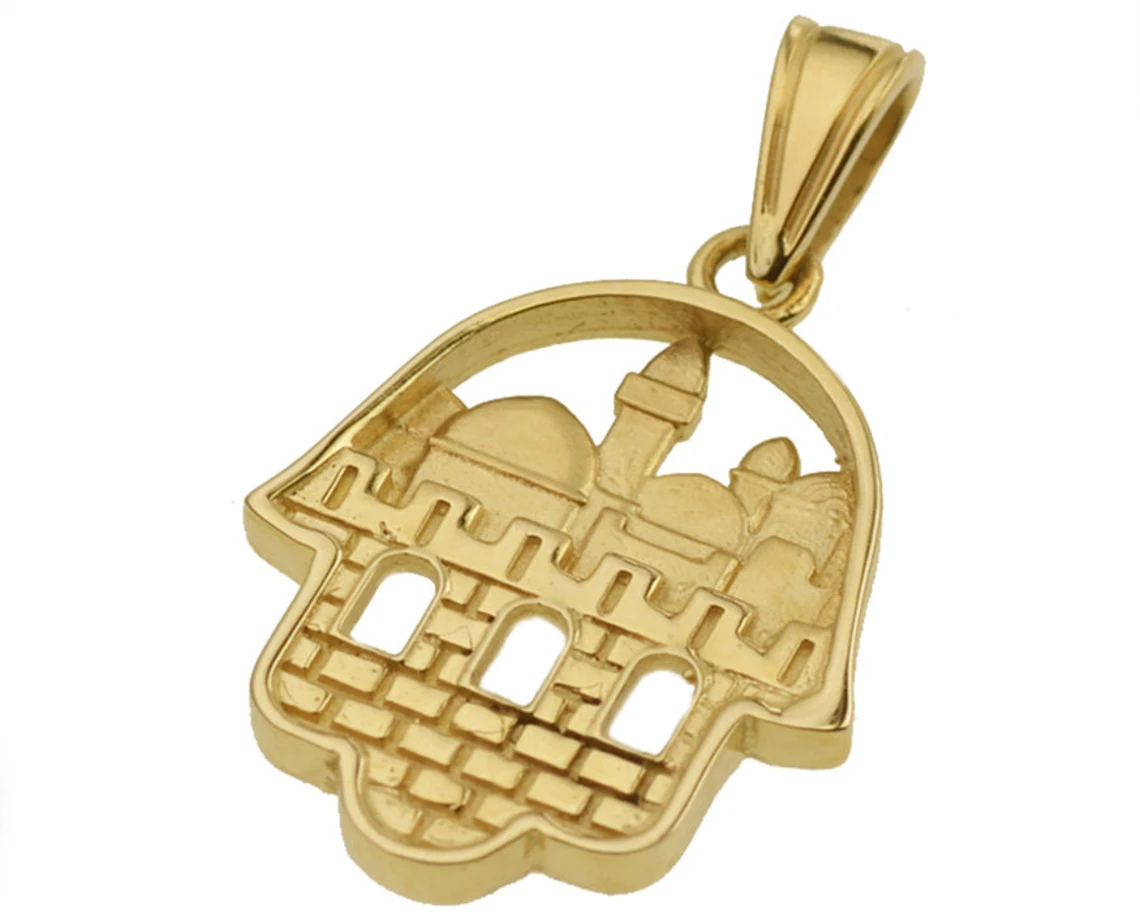 14K Gold 3D Jerusalem Hamsa Pendant