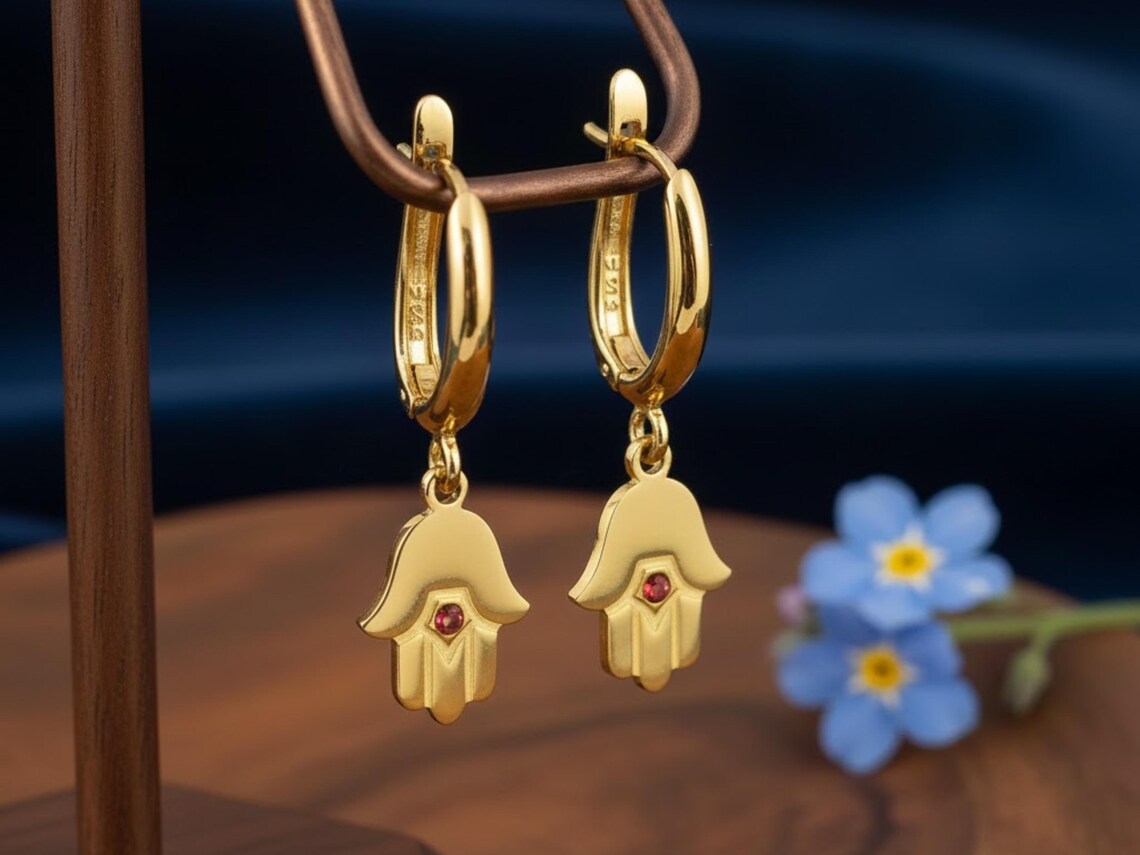 Hamsa Earrings with Ruby in 14k Gold