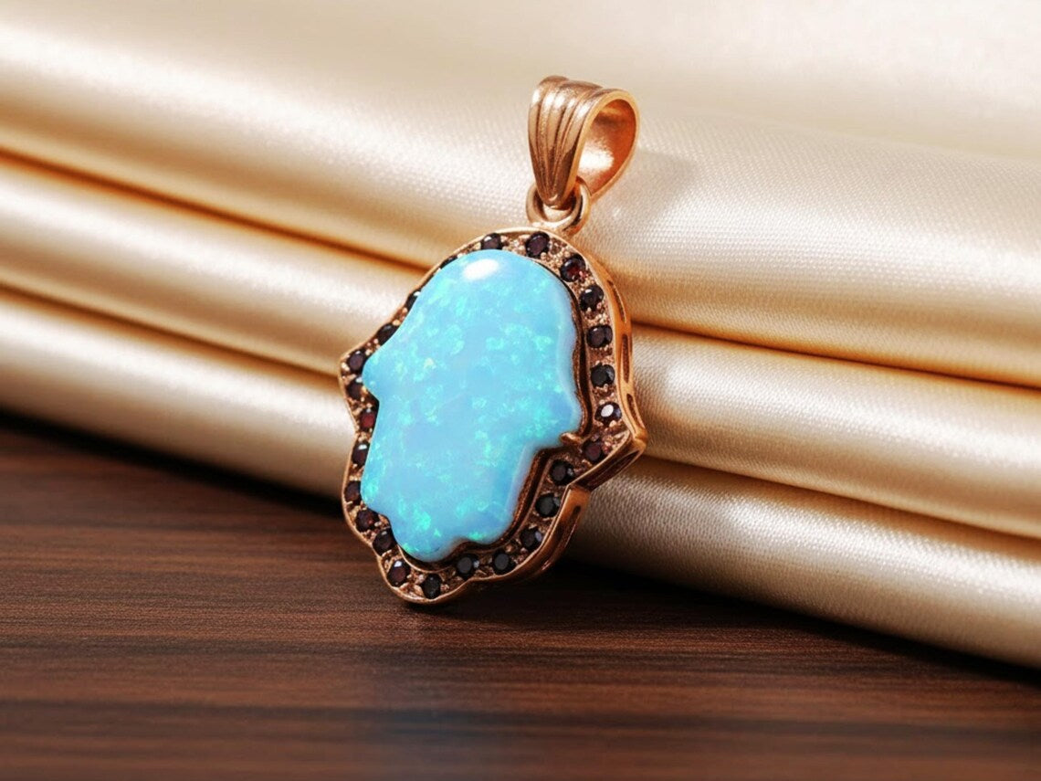 Hamsa Pendant 14k Rose Gold Opalite and Garnets
