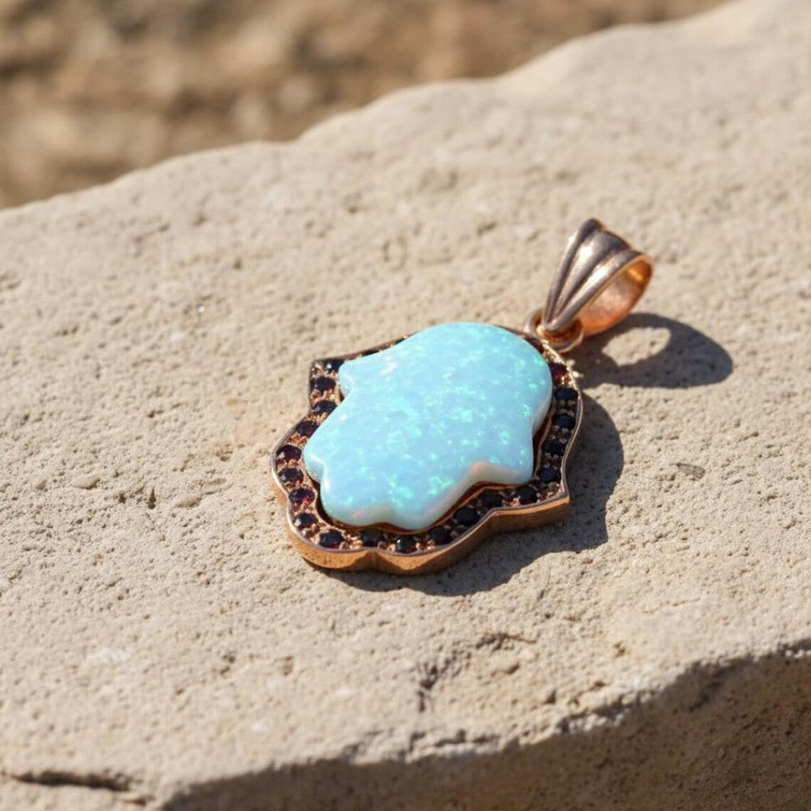 Hamsa Pendant 14k Rose Gold Opalite and Garnets