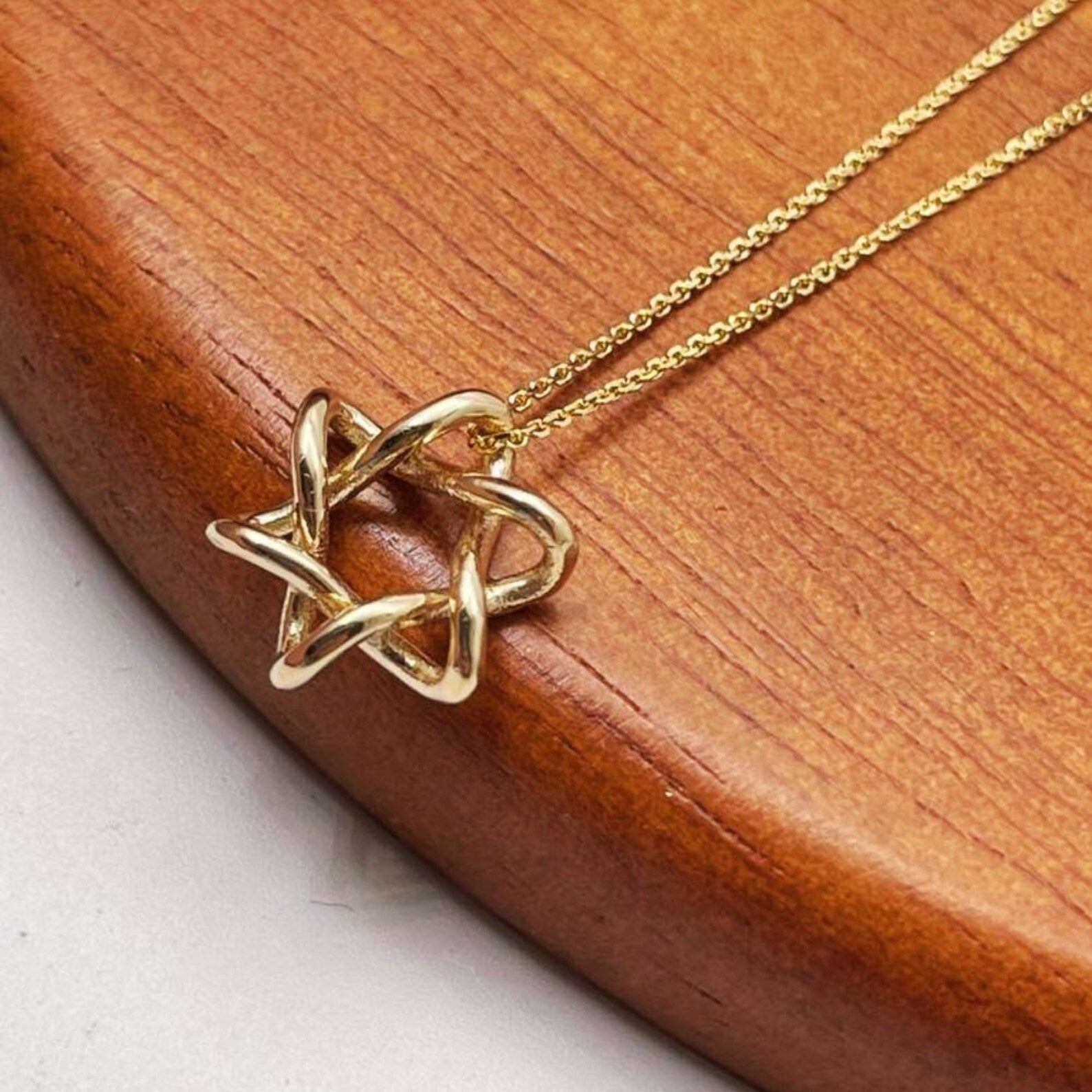 14K Solid Gold Interwoven Star of David Necklace