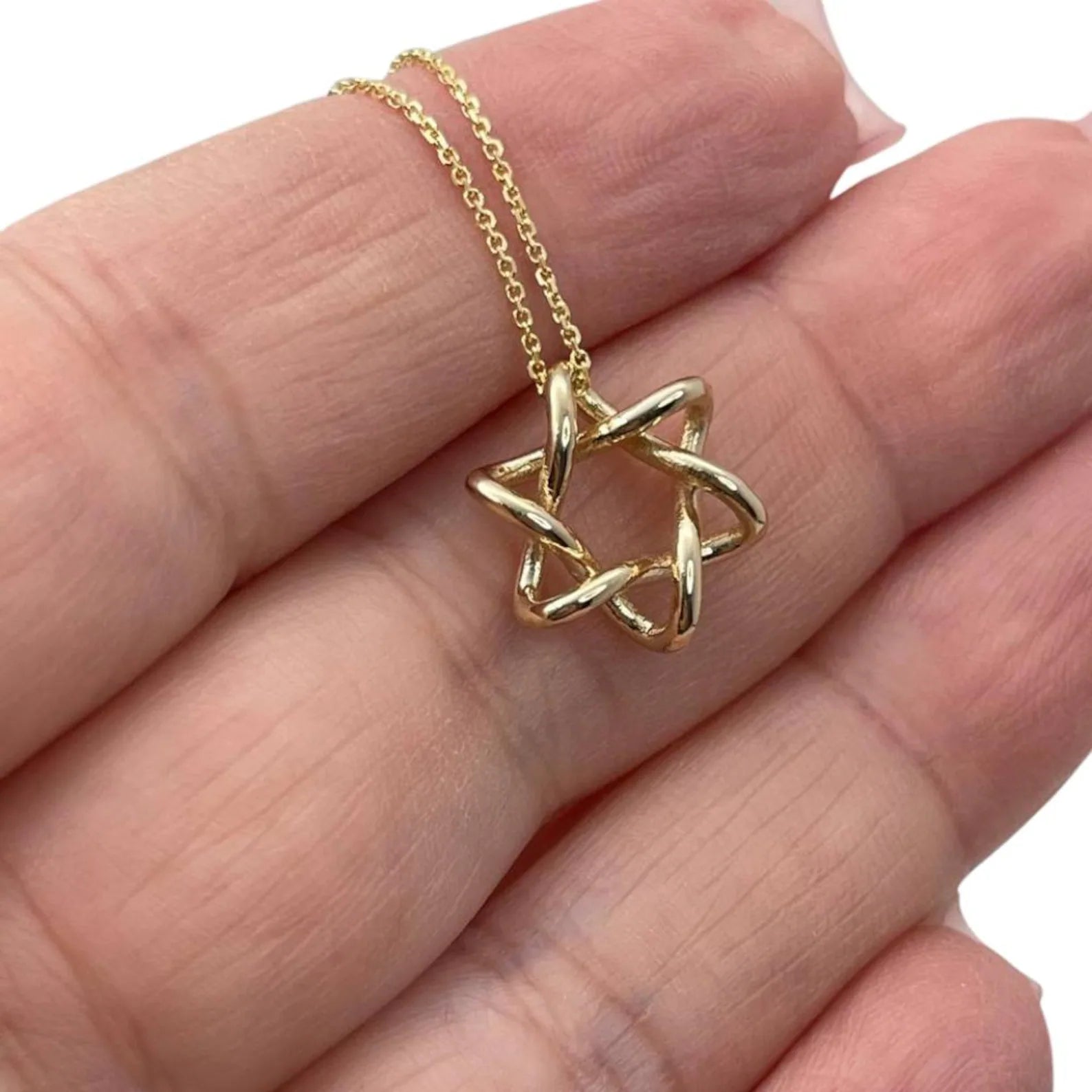 14K Solid Gold Interwoven Star of David Necklace