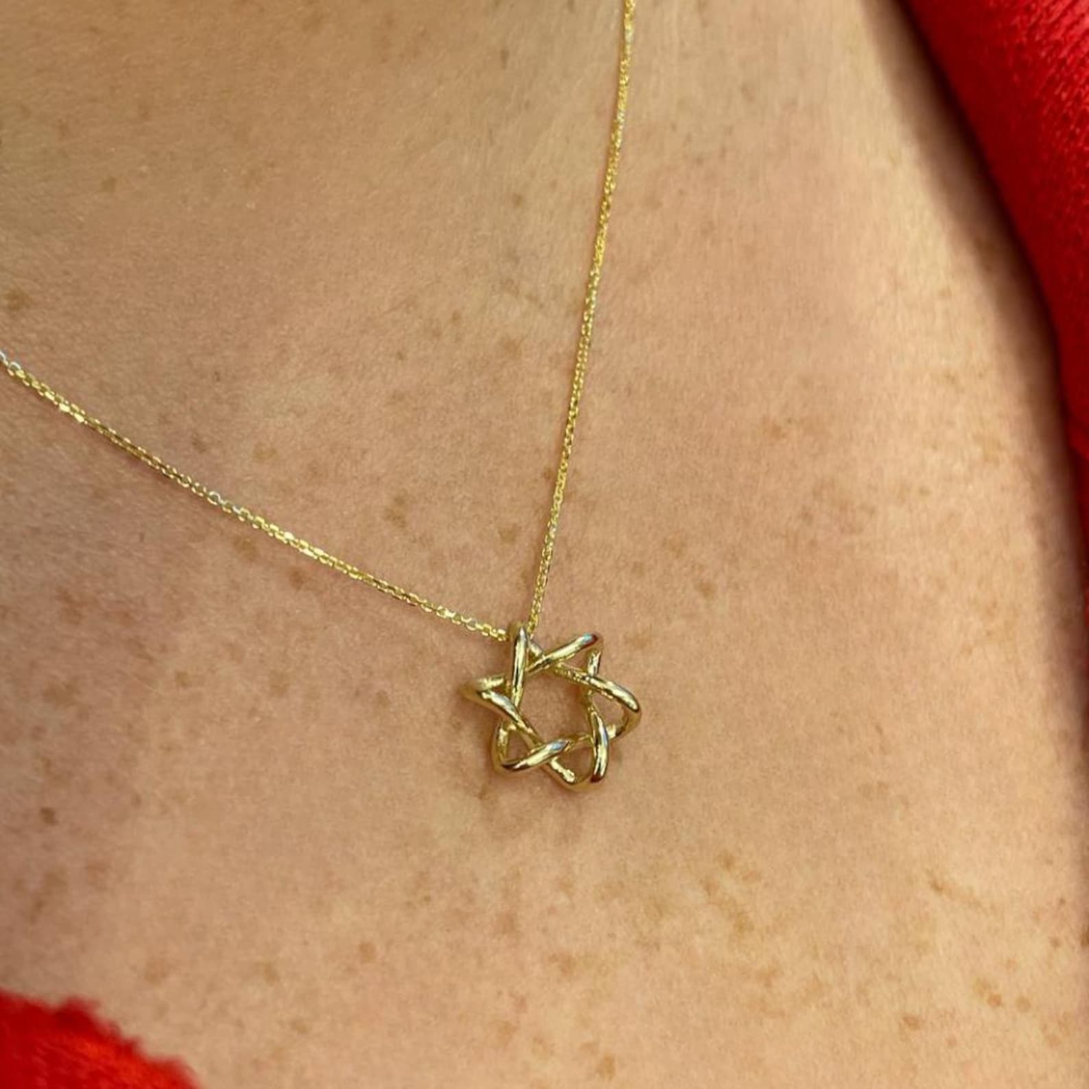 14K Solid Gold Interwoven Star of David Necklace