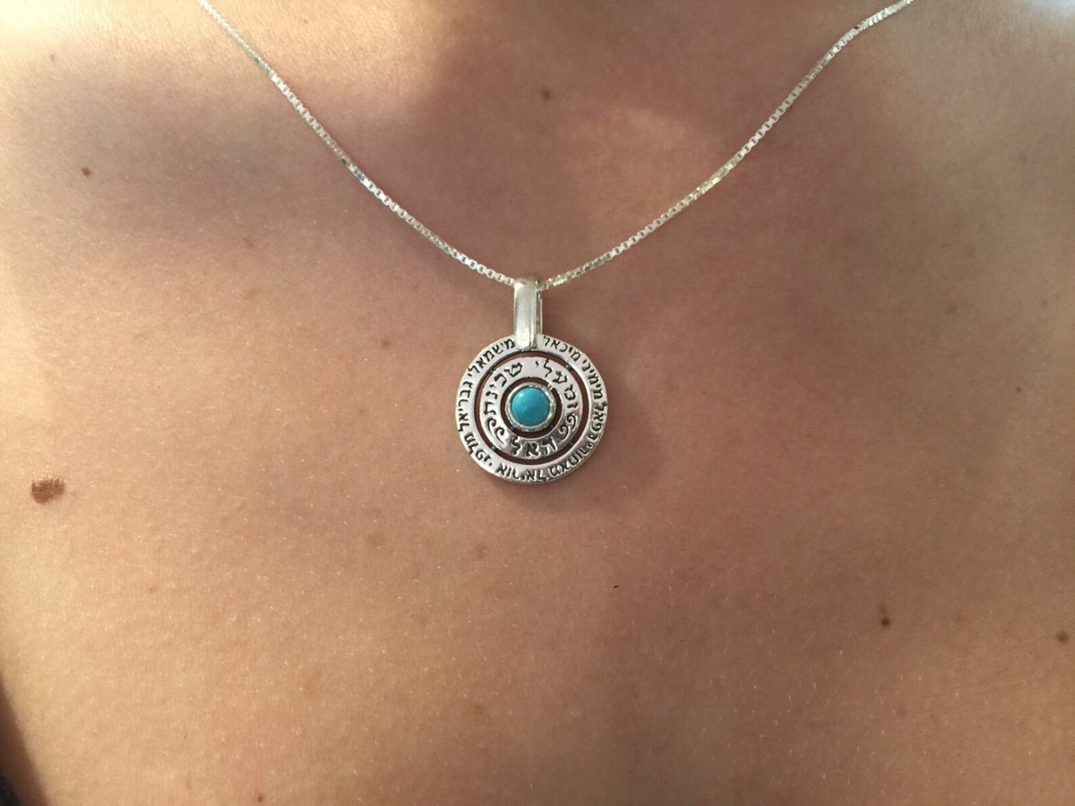 Kabbalah Angel Prayer Necklace in 925 Sterling Silver & Genuine Turquoise