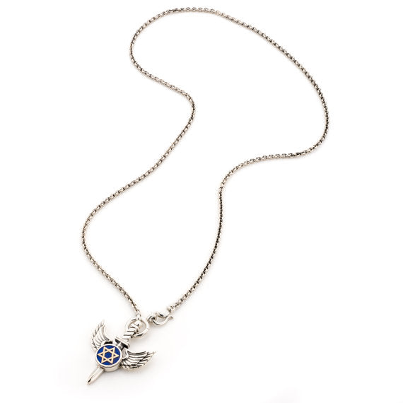 Silver and Blue Winged Star of David Necklace