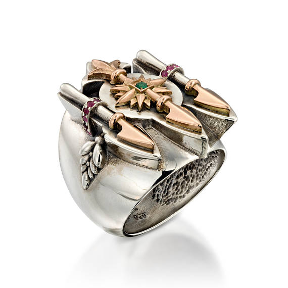 Silver and Gold Ring with Ruby and Emerald for Men