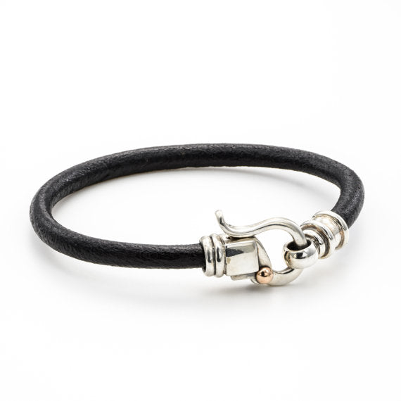 Black Leather Bracelet with Sterling Silver Hook