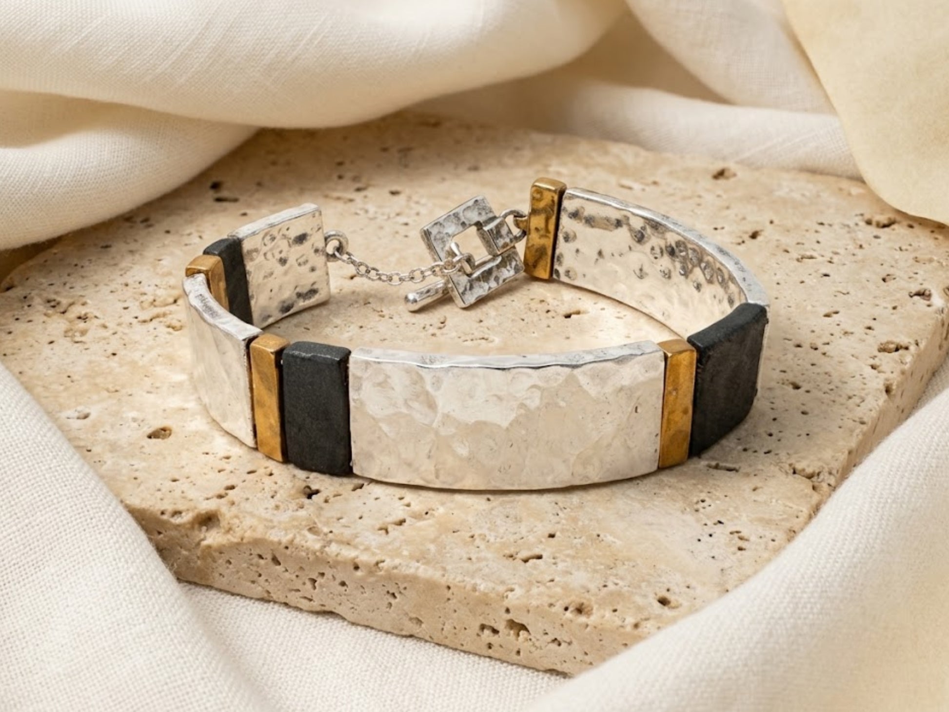 Broad Israeli Bracelet in Silver and Gold Plating - Electroforming