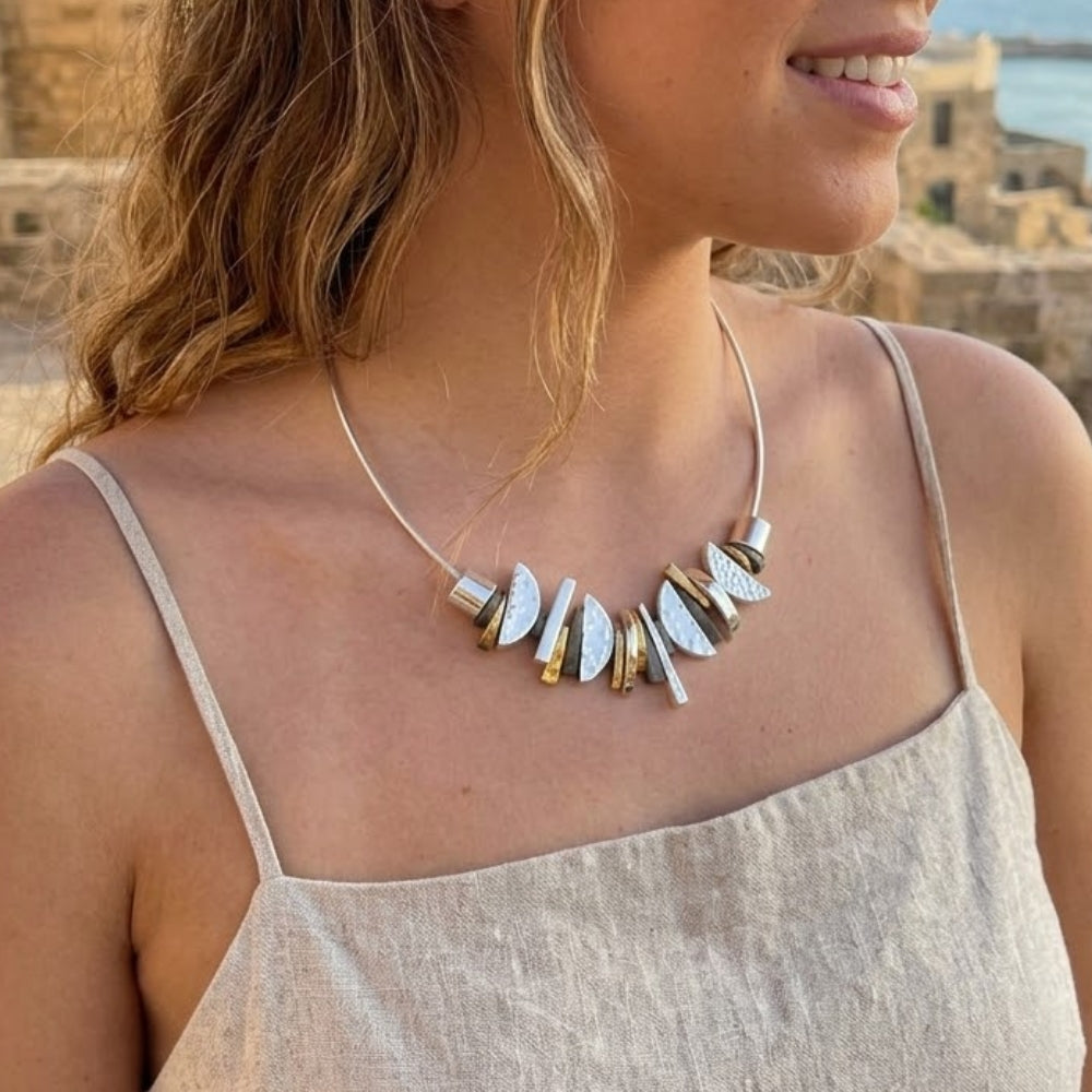 Silver and Gold Plated Crescent Necklace - Electroformed