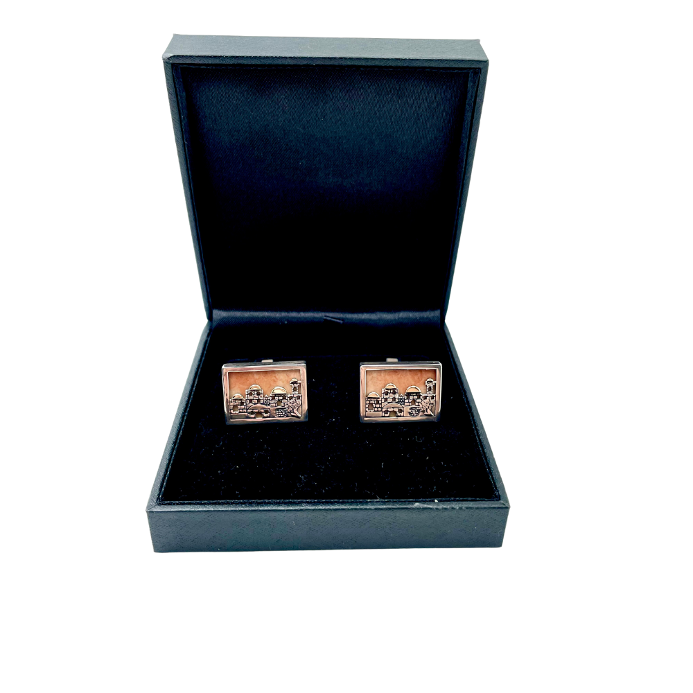 Jerusalem Skyline Cufflinks in Silver and Gold with Jerusalem Stone