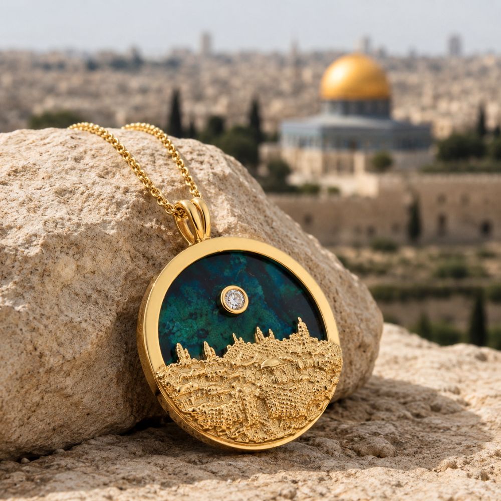 14K Gold Jerusalem Skyline Pendant with Eilat Stone & Diamond