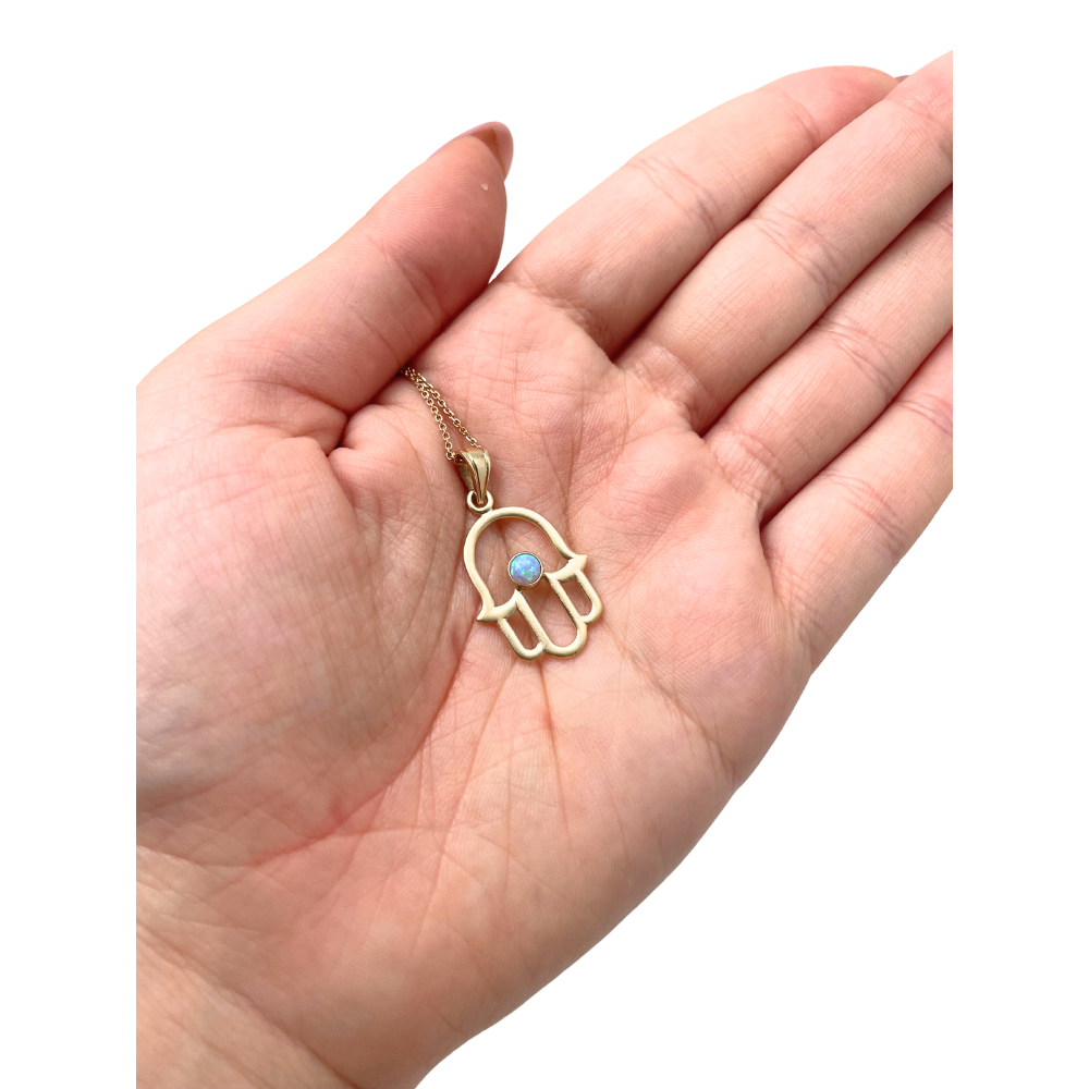 Hamsa Pendant with Light Blue Opal Stone in 14K Gold
