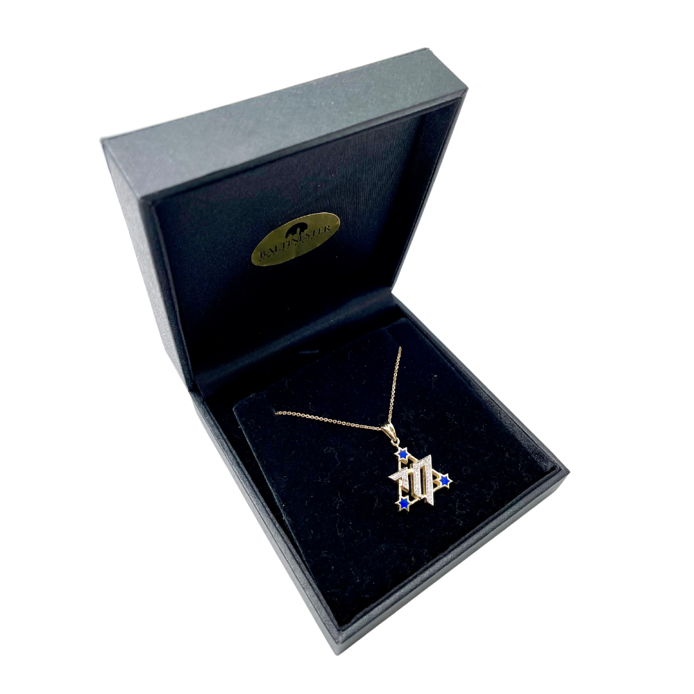 Star of David Chai Pendant - 14K Gold and Blue Enamel Diamond Studded