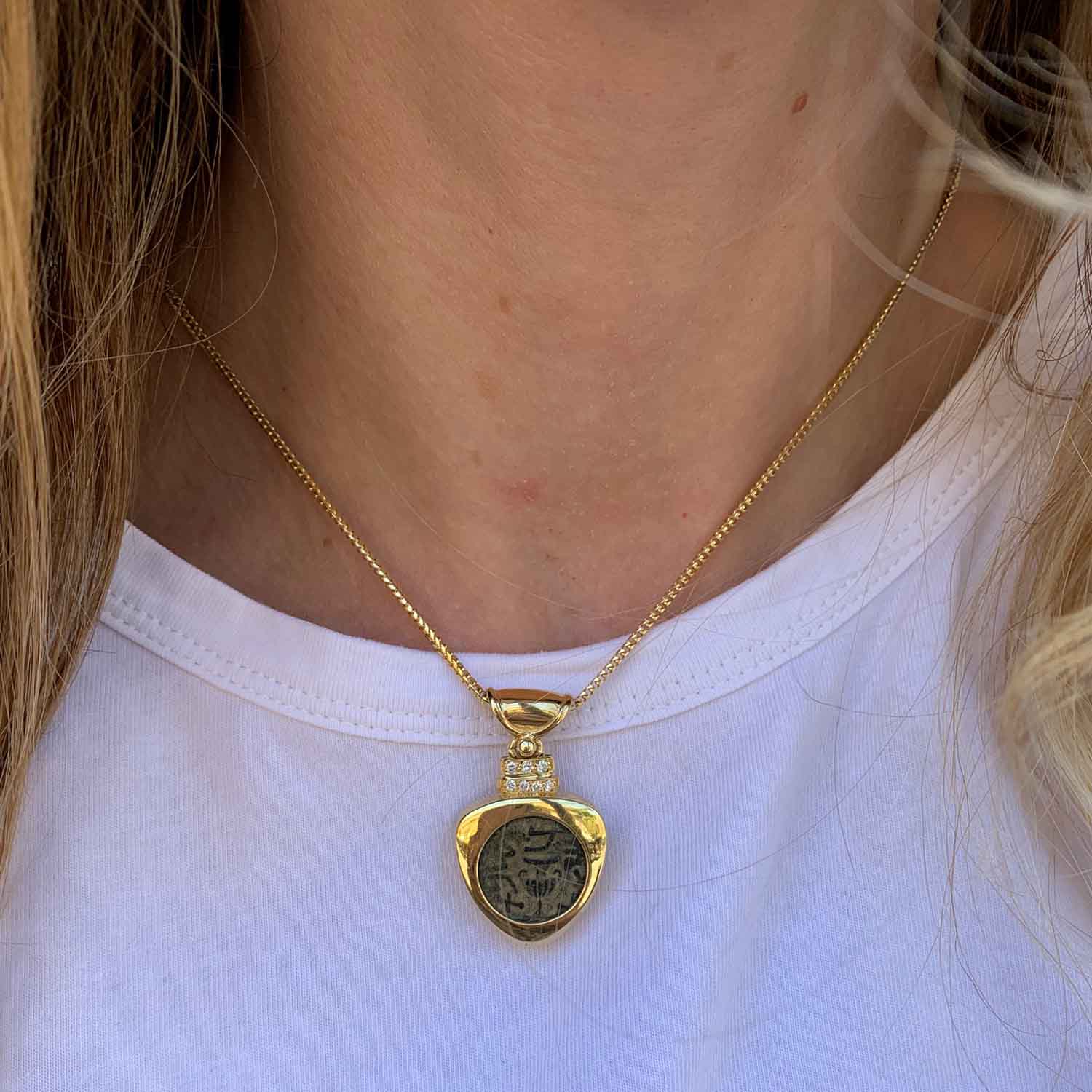 Authentic Masada Coin Rounded Triangle Gold Necklace with Diamonds